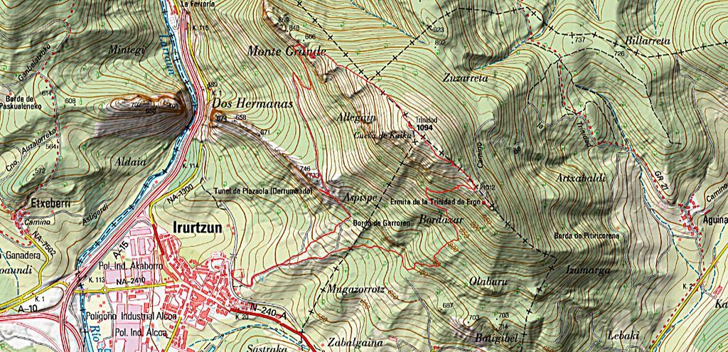 Mapa topografico ascension a la Trinidad de Erga en Irurtzun